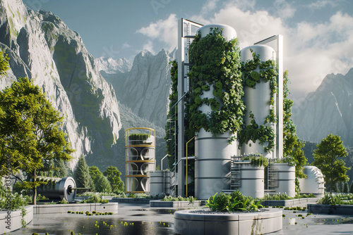 A hyper-advanced waste processing plant with bioreactors converting organic waste into energy amidst a backdrop of pristine nature photo