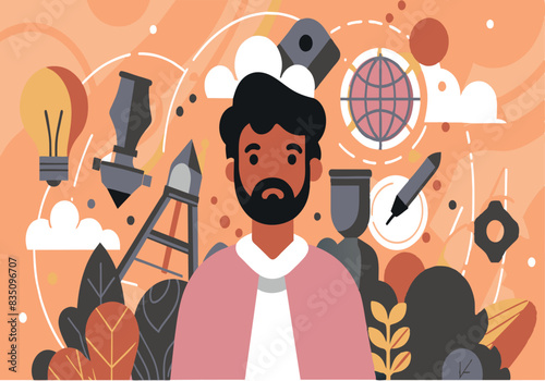 A man with a beard is standing in front of a lot of different things