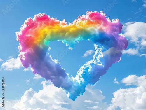 Rainbow heart shaped cloud in blue sky