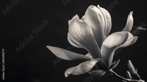 This black and white photograph captures the delicate beauty of a magnolia flower in full bloom. The petals are soft and velvety, and the light catches the delicate curves and textures of the flower. photo