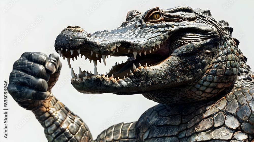 Obraz premium Muscular Alligator Engaging in Fierce Fist pumping Fight on White Studio Background