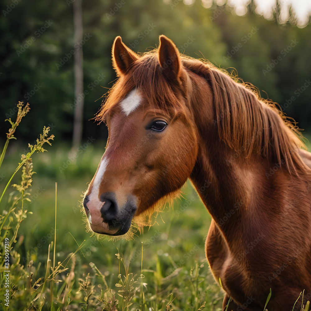 Portrait of a red pony in a meadow Portrait of a red pony in a meadow