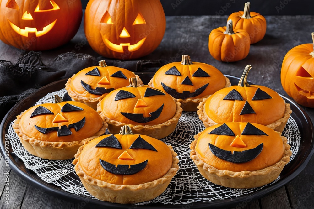 Homemade pies for Halloween with bright Jack-O'-Lantern faces. Homemade pies for Halloween with bright Jack-O'-Lantern faces.