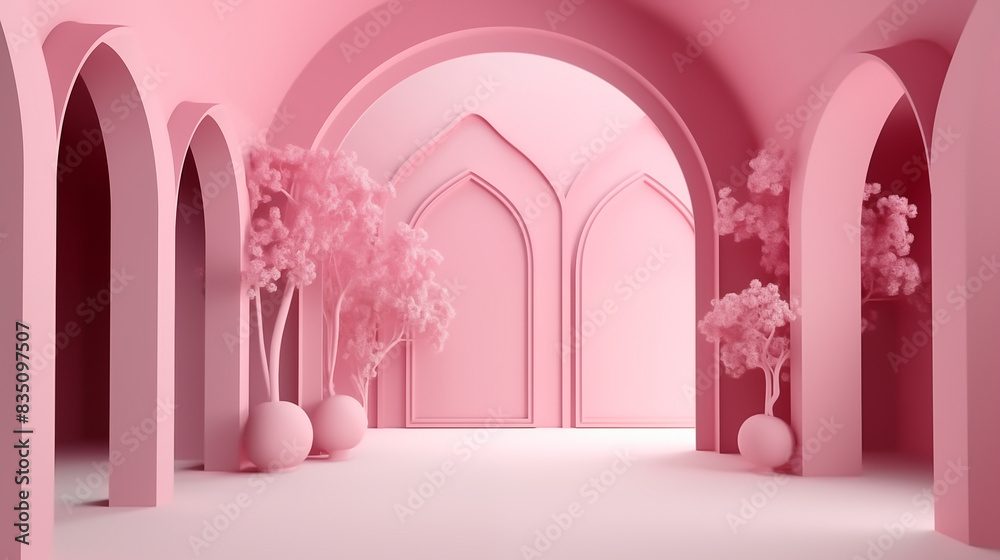 pink floral 3d background, in the style of dreamlike architecture, lightbox, arched doorways pink floral 3d background, in the style of dreamlike architecture, lightbox, arched doorways