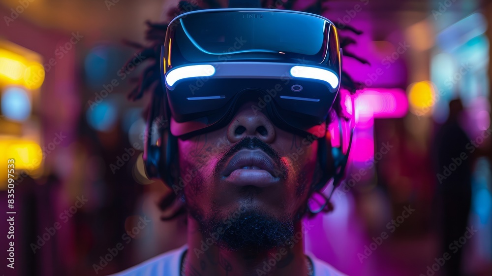 Close-up of a person wearing VR glasses, with expressions of awe and excitement, capturing the engaging and dynamic experience of virtual reality. Close-up of a person wearing VR glasses, with expressions of awe and excitement, capturing the engaging and dynamic experience of virtual reality.