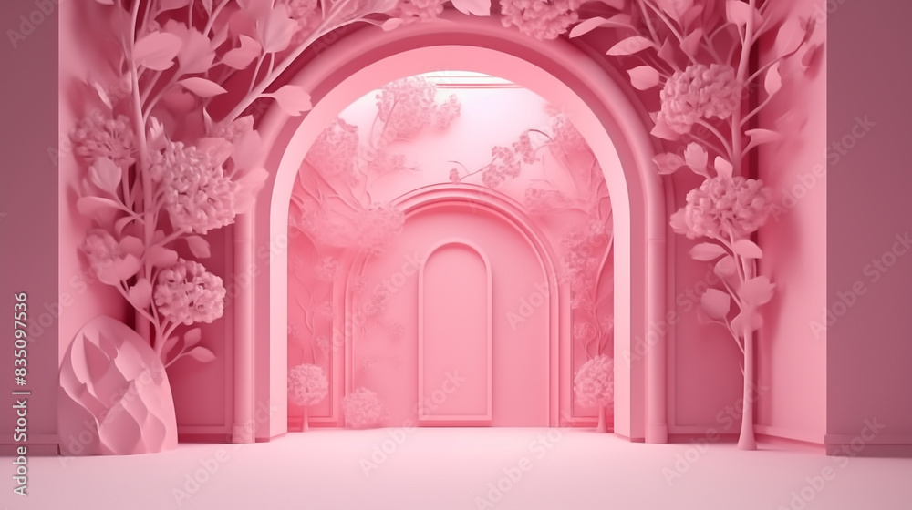 pink floral 3d background, in the style of dreamlike architecture, lightbox, arched doorways pink floral 3d background, in the style of dreamlike architecture, lightbox, arched doorways