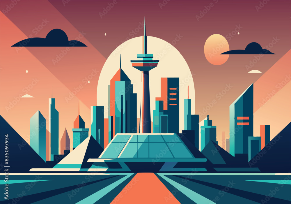 A cityscape with a large building in the middle and a large tower A cityscape with a large building in the middle and a large tower