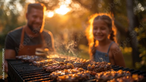 An outdoor scene of a man and a young girl happily grilling food, symbolizing family bonding