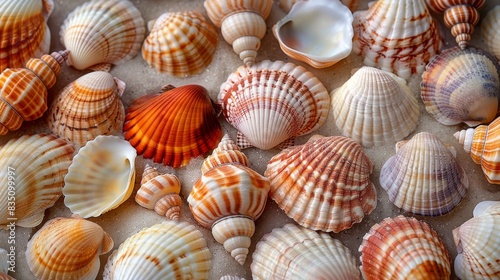 This close-up showcases a variety of sea shells with intricate designs and textures on a sandy surface photo