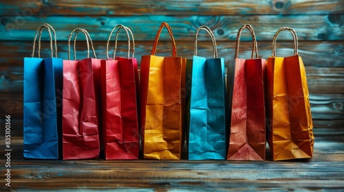 Five vibrant shopping bags stand in a row against a rustic wooden backdrop, symbolizing retail and consumerism
