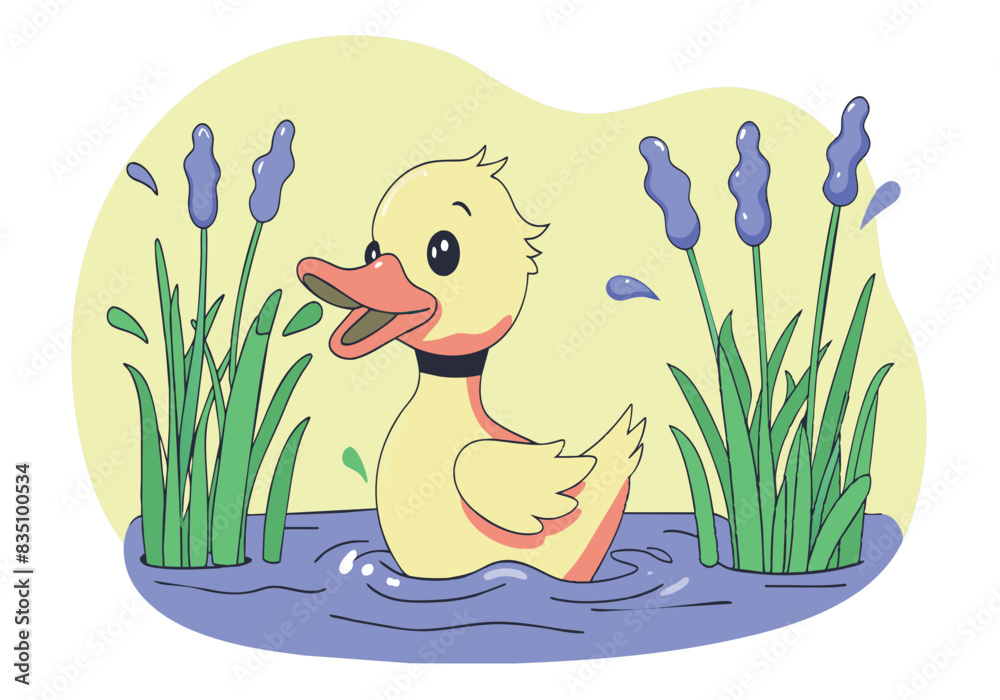 A cartoon duck is swimming in a pond with green plants A cartoon duck is swimming in a pond with green plants