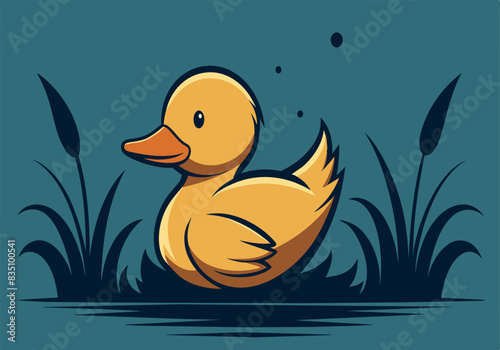 A cartoon duck is swimming in a pond