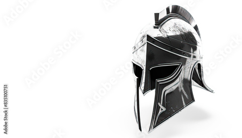 Thracian warrior helmet illustration, modern graphic design, isolated, copy and text space, close-up, macro, white background, black and white. Template, banner, background, wallpaper, backdrop photo