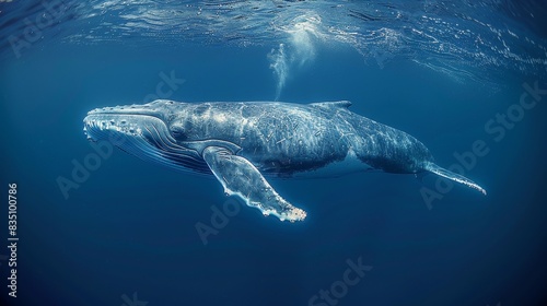 Tranquil underwater scene with a humpback whale calmly gliding in deep blue ocean