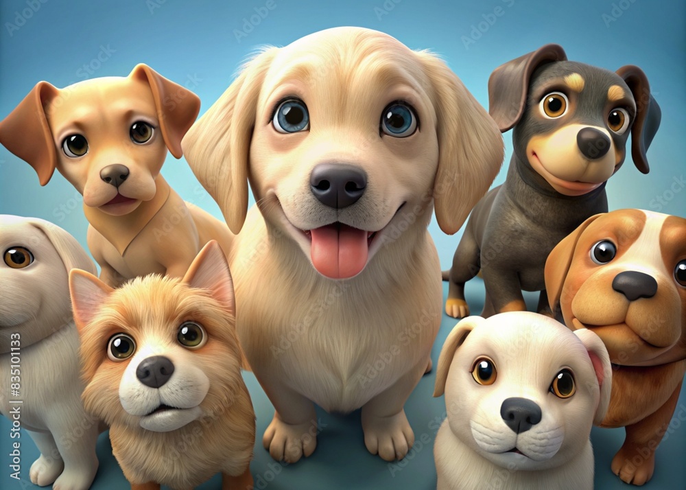 The cute puppy is the main one on the stage, surrounded by his puppy friends. a curious look at the camera. cartoon style. The cute puppy is the main one on the stage, surrounded by his puppy friends. a curious look at the camera. cartoon style.