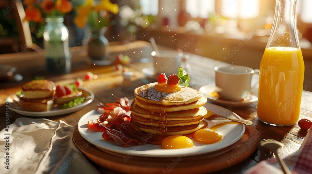 Delectable Brunch Spread with Pancakes Eggs Bacon and Fresh Juice