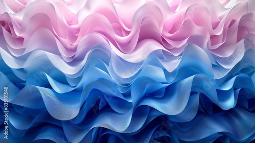A digitally generated image featuring abstract, fluid-like waves of pink and blue hues, creating a serene and artistic background