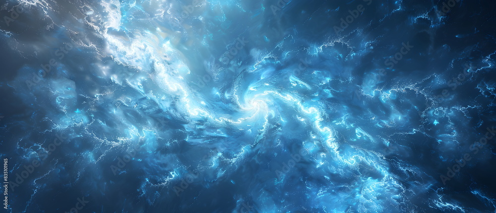A blue background, glowing with light. a spinning spiral at right, The overall style is futuristic and technological, with an abstract white background and curved lines A blue background, glowing with light. a spinning spiral at right, The overall style is futuristic and technological, with an abstract white background and curved lines