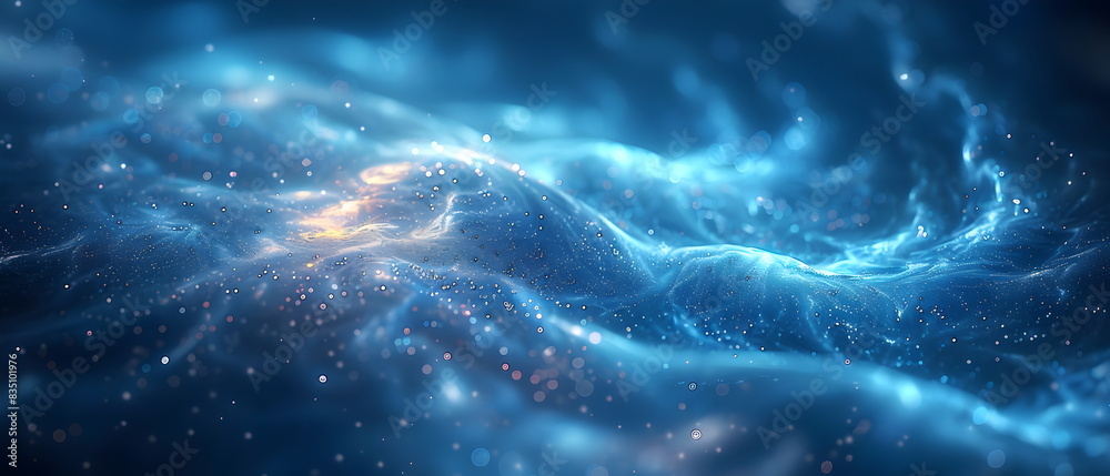 A blue background, glowing with light. a spinning spiral at right, The overall style is futuristic and technological, with an abstract white background and curved lines A blue background, glowing with light. a spinning spiral at right, The overall style is futuristic and technological, with an abstract white background and curved lines