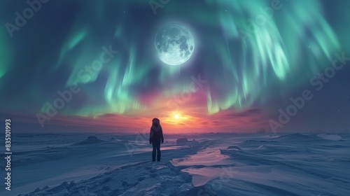 A solitary figure standing in a snowy landscape under a breathtaking aurora borealis and full moon
