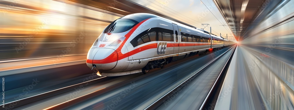 High Speed Train Speeding Along Railway Tracks with Motion Blur