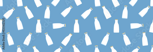 Glass bottle of milk on a seamless pattern. Farm fresh milk banner.
