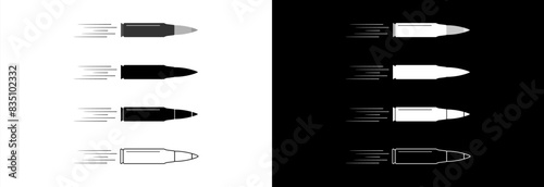 A bullet from a machine gun flies on a white and black background. Vector icon.