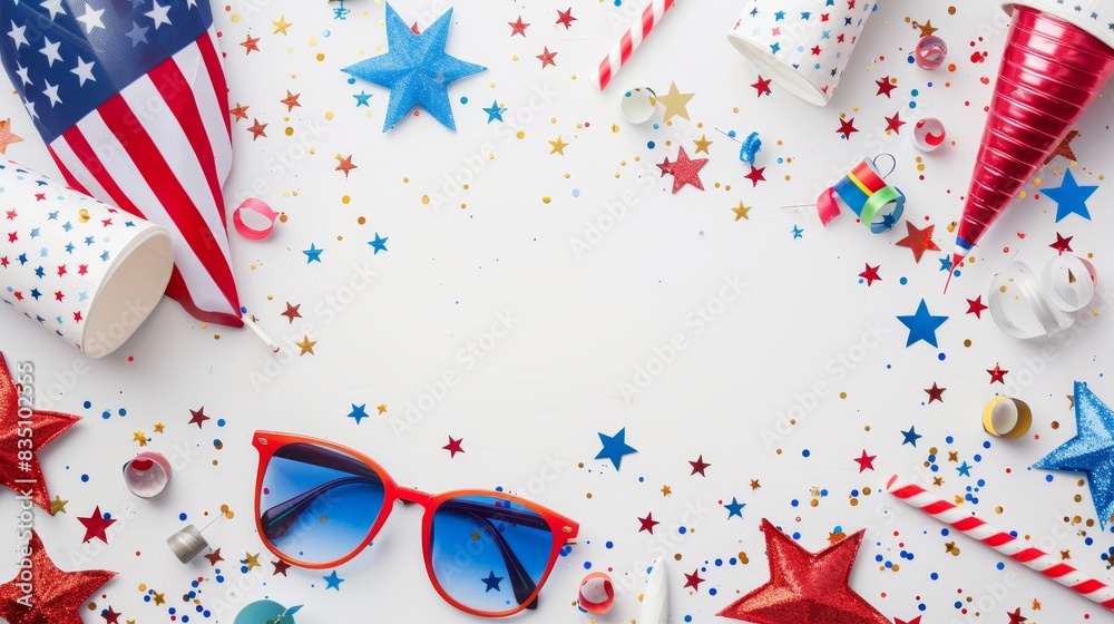 Obraz premium Independence Day theme with American flag on white background with copy space