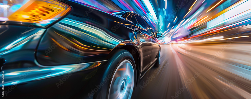 A high-speed car driving through a vibrant cityscape.