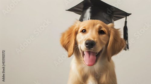 Happy smiling dog wearing black graduation cap isolated on grey background. High education or language school concept. Copy space.