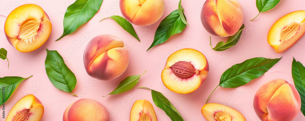 Fresh peaches and green leaves on a pink background. Fresh peaches and green leaves on a pink background.