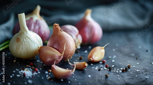 Shallots and garlic against a dark backdrop