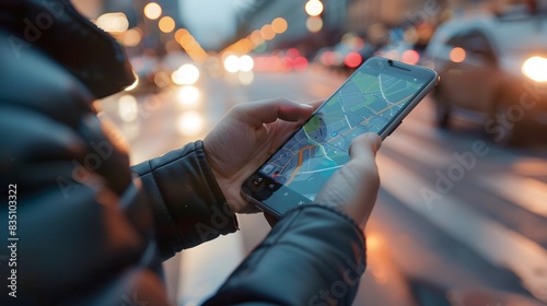 Person Using Ride Sharing App on Smartphone with City Map Display