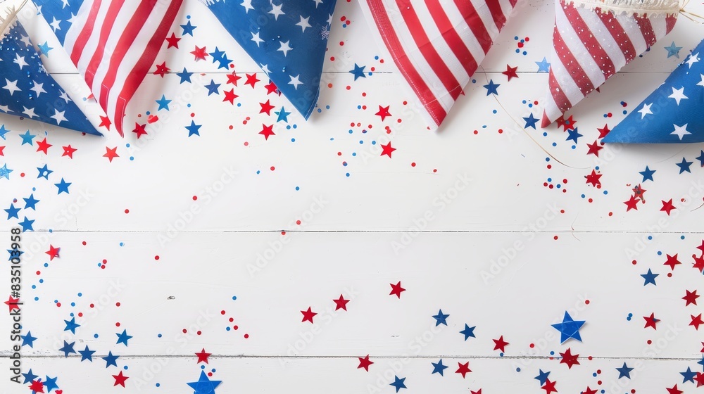 Obraz premium Independence Day decorations with an American flag and blank white space