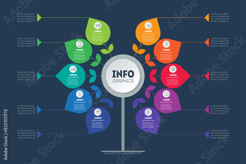 Business infograph concept with 10 steps. Tree. Template of diagram or brochure on dark background. Information chart or infographic of technology or education process with ten options.