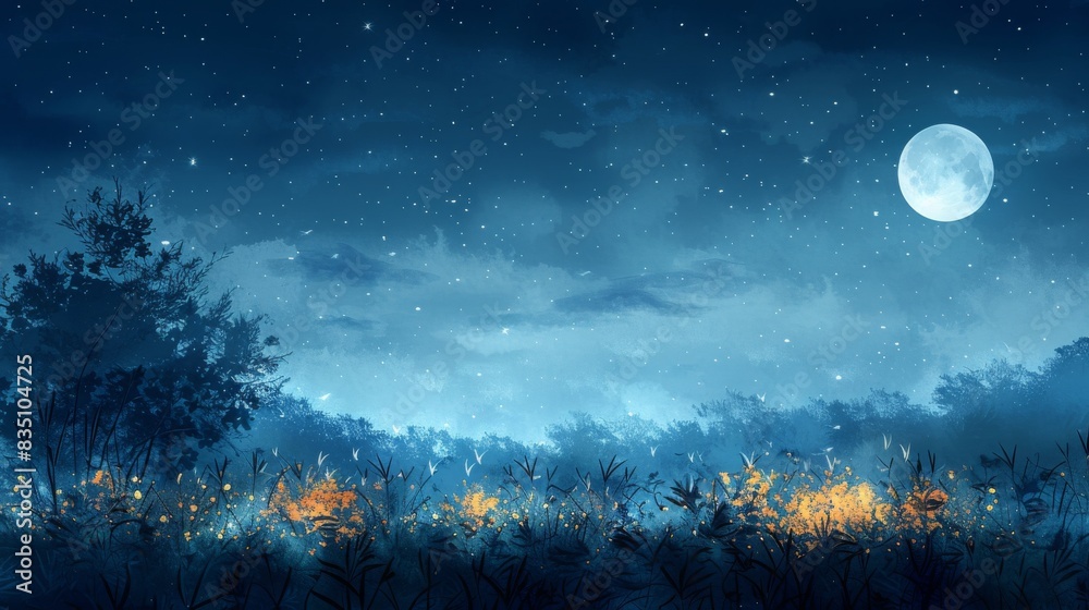 beautiful jungle landscape nature digital art with moon shining in night scene illustration, night view with colorful cool bluish effect and clouds with dark sky through foggy, greeny mountain range c beautiful jungle landscape nature digital art with moon shining in night scene illustration, night view with colorful cool bluish effect and clouds with dark sky through foggy, greeny mountain range c