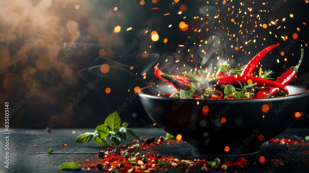 Fiery sparks and red chili peppers in a spicy dish with herbs, set in a black bowl against a dark background. Perfect for capturing the heat and flavor of spicy cuisine Fiery sparks and red chili peppers in a spicy dish with herbs, set in a black bowl against a dark background. Perfect for capturing the heat and flavor of spicy cuisine
