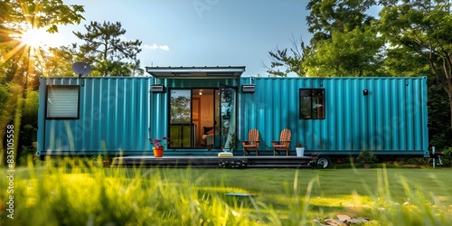 Ecofriendly tiny home made from shipping containers on a sunny day. Concept Ecofriendly living, Tiny home, Shipping containers, Sunny day, Sustainable living photo