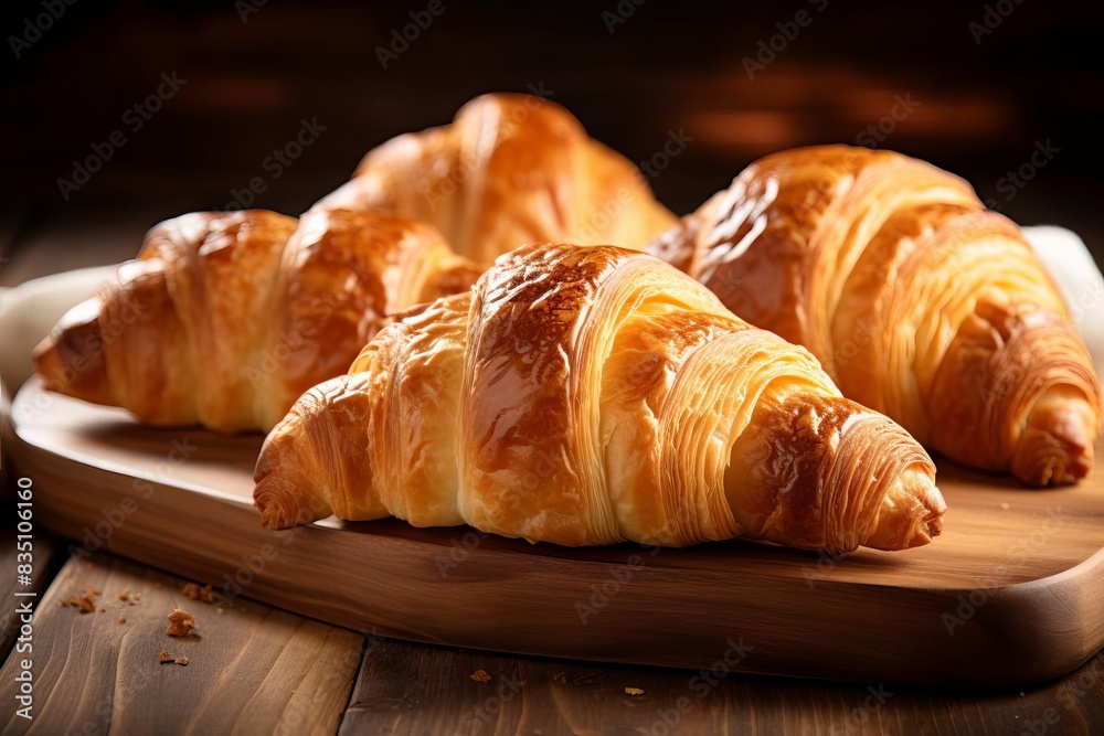 Freshly baked croissants on a wooden table, Freshly baked croissants on a wooden table,