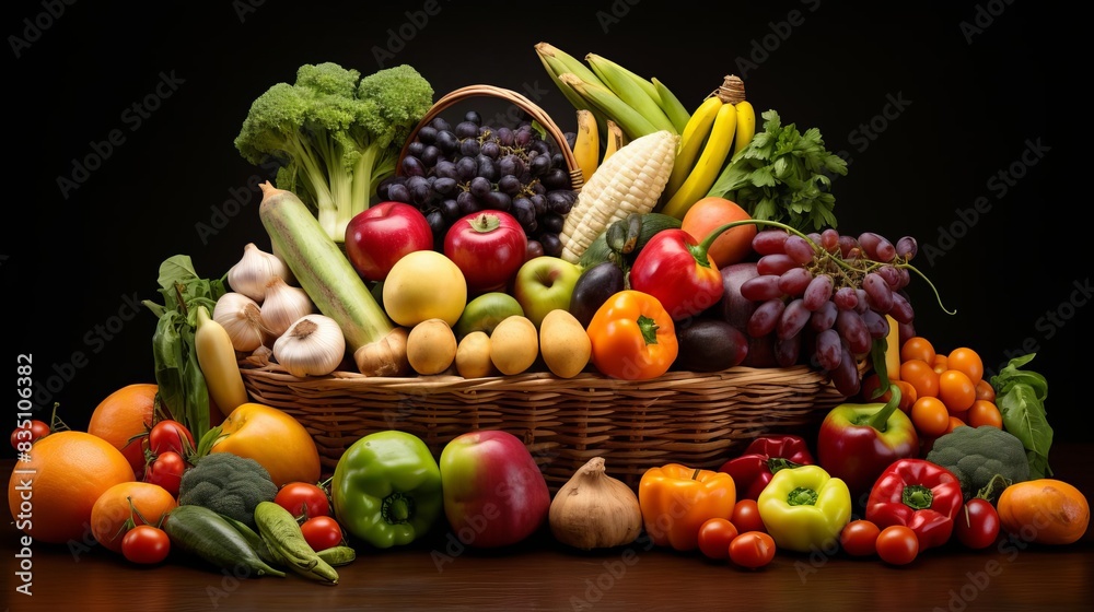 A basket filled with fresh fruits and vegetables, A basket filled with fresh fruits and vegetables,