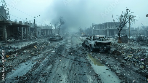 Devastated Buildings and Rubble in City After Intense Airstrikes, Smoke Rising Amidst the Ruins, Highlighting the Aftermath of Conflict and Destruction