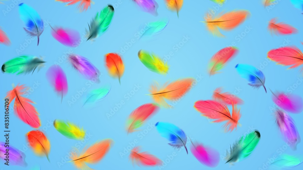 Blue background with colorful feathers illustration Blue background with colorful feathers illustration