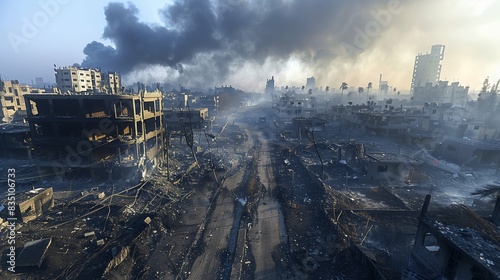 Devastated Buildings and Rubble in City After Intense Airstrikes, Smoke Rising Amidst the Ruins, Highlighting the Aftermath of Conflict and Destruction