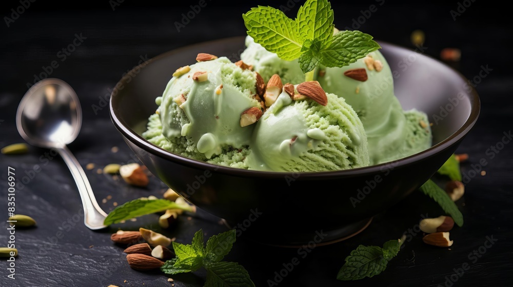A bowl of pistachio ice cream with a sprig of mint, A bowl of pistachio ice cream with a sprig of mint,