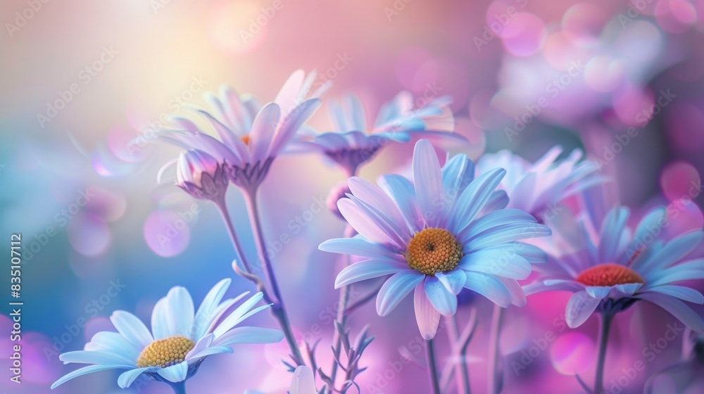 Close-up of white daisies with blue and purple background bokeh Close-up of white daisies with blue and purple background bokeh