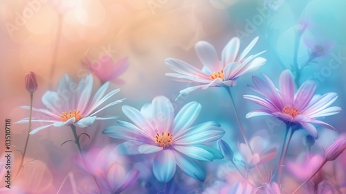 Colorful dreamy flowers in a soft bokeh background