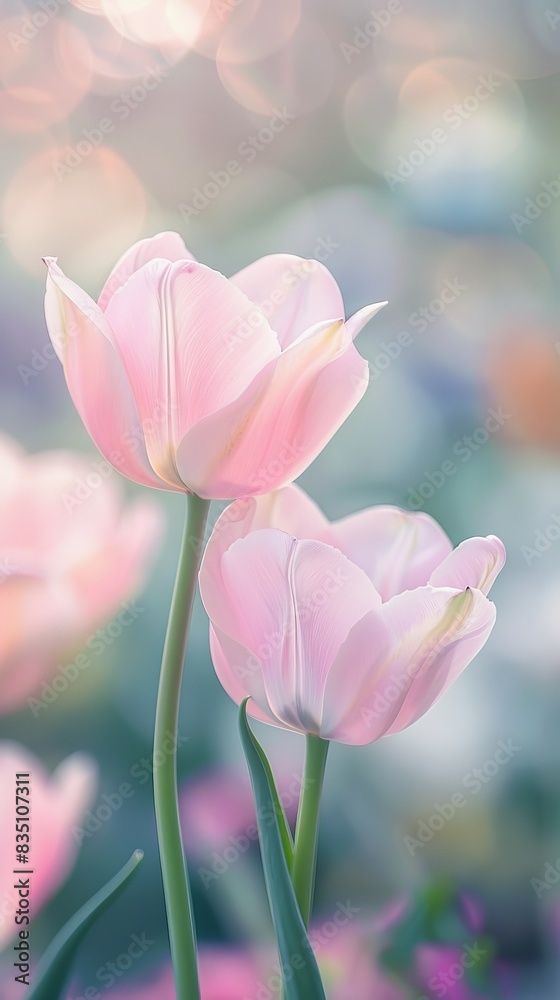 Obraz premium Close-up of pink tulips with blurred background and bokeh effect