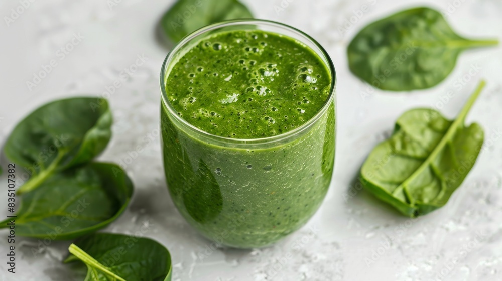 Fresh spinach smoothie in a glass surrounded by spinach leaves Fresh spinach smoothie in a glass surrounded by spinach leaves