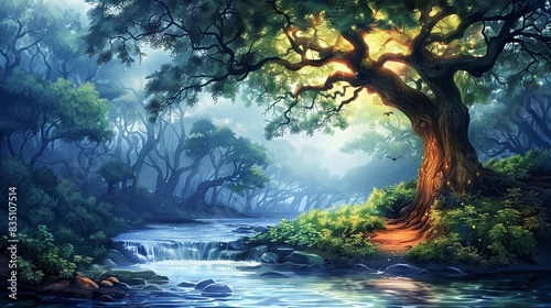 A magical scene of an enchanted forest bathed in ethereal light. A majestic  ancient tree illuminated by golden sunlight stands by a serene  flowing stream.