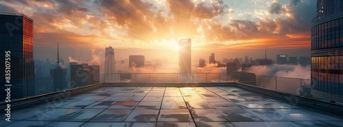 Empty square floor with city skyline background at sunset. High angle view of empty concrete platform and urban landscape with buildings in the distance. Wide panoramic banner for product display